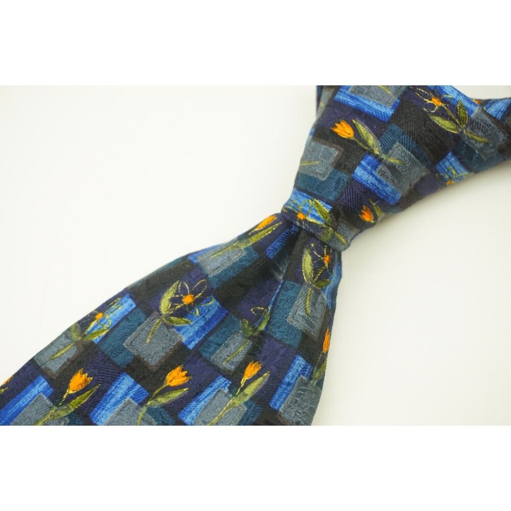 Ermenegildo Zegna Abstract Floral Tulip Blue Plaid 100% Silk Tie